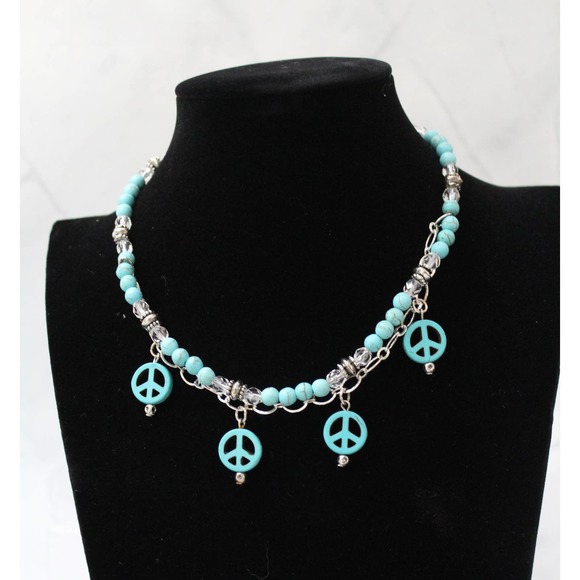 Fun Turquoise Necklace Made with Peace Sign Drops N77 - Picture 2 of 2
